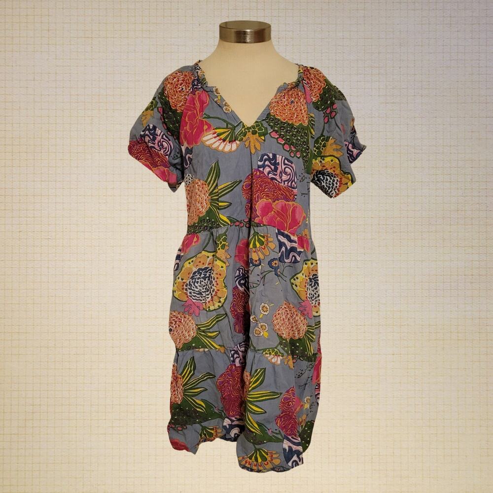 Boho 2020s Dylan Cotton Mini Dress Puff Sleeves Ruffle Hem XS Floral Print